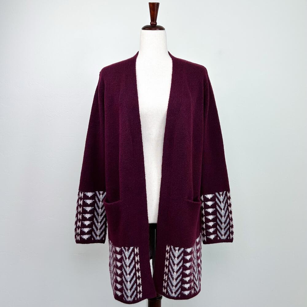 Frye Burgundy Maroon Southwest Boho Open Front Sweater Knit Long Cardigan NWT